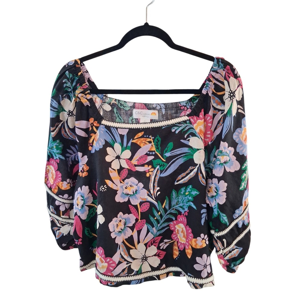 C&C California 100%Linen Euro Summer Womens size Large Floral Ballon Sleeve Top - Picture 4 of 12